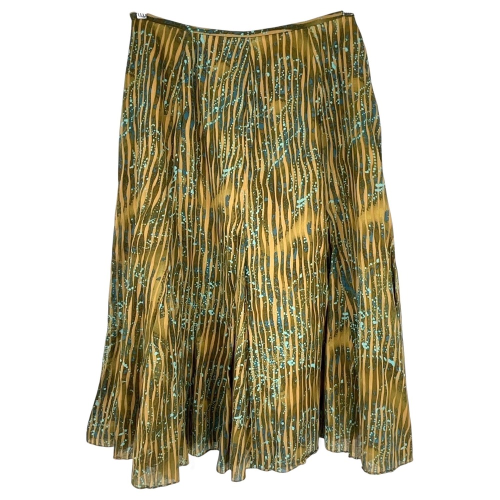 Reba Women Brown Turquoise Abstract Stripe Cotton Midi Skirt Size 12 Boho Lined